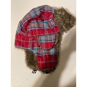 Red Plaid Trapper Hat Faux Fur Lined Winter Bomber Ushanka Wool Blend Mens Women